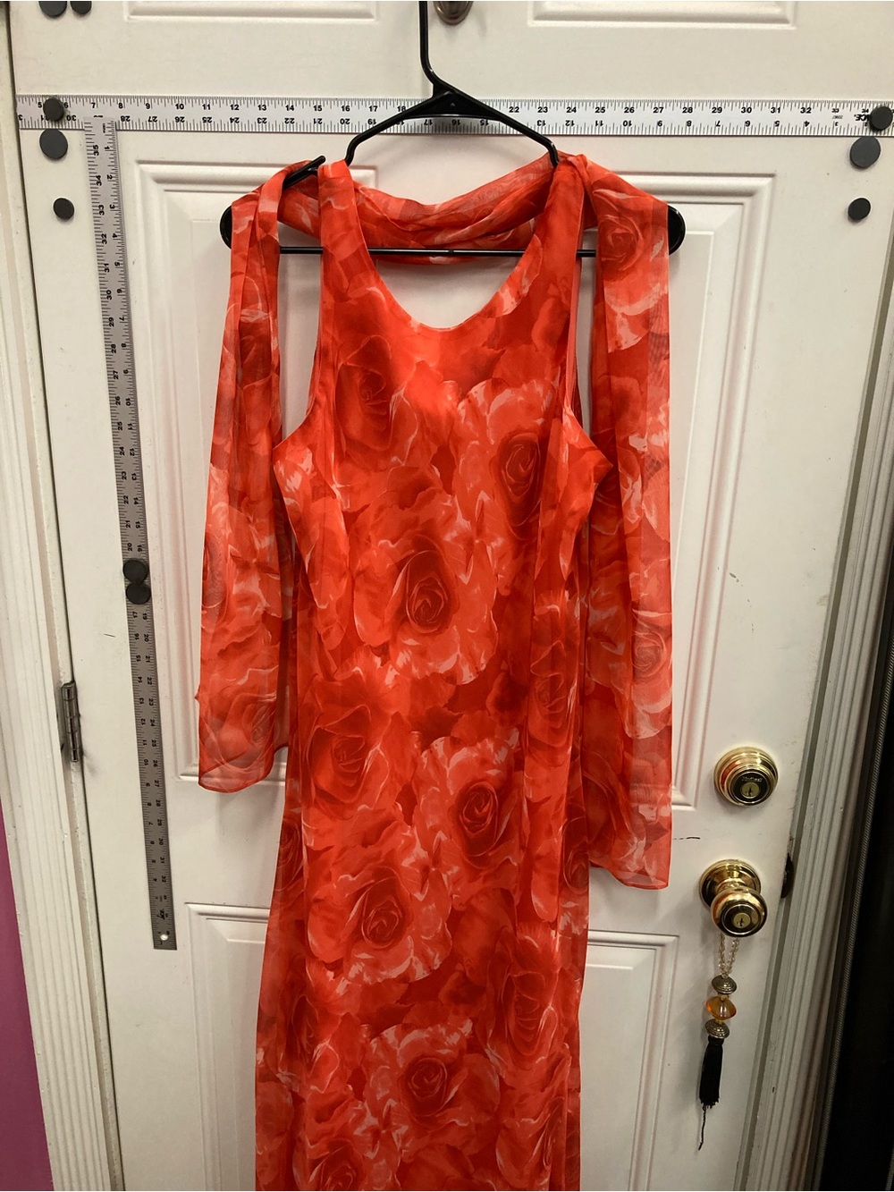 Orange, Red, Wedding, Party, Date, Rose, Print Sleeveless Maxi, Sheer, Scarf